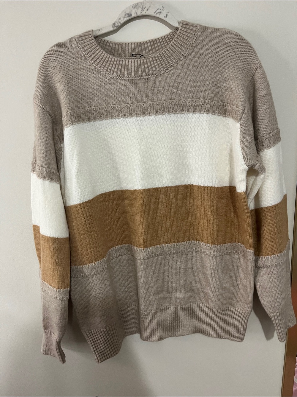 Casual Colorblock Crewneck Sweater - Taupe, White & Brown - Picture 1 of 4